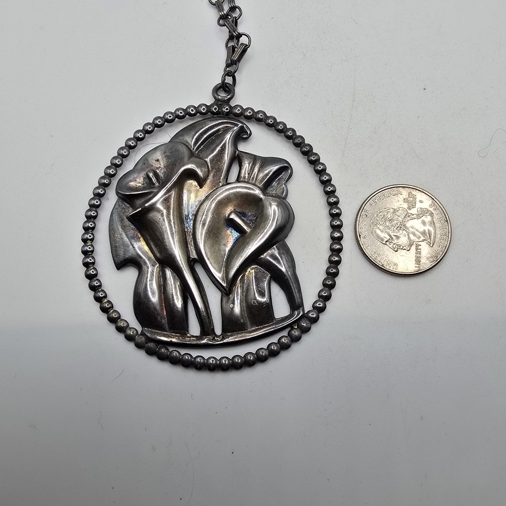 Vintage McCelland Sterling Silver Calla Lily Floral Pendant Necklace - Picture 4 of 8